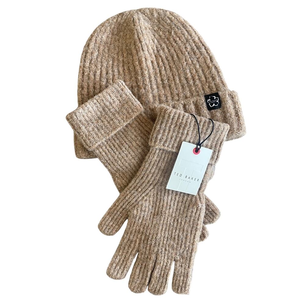 TED BAKER Women's NWT Heather Brown OS Wool Blend Brite Knit Hat Glove Gift Set